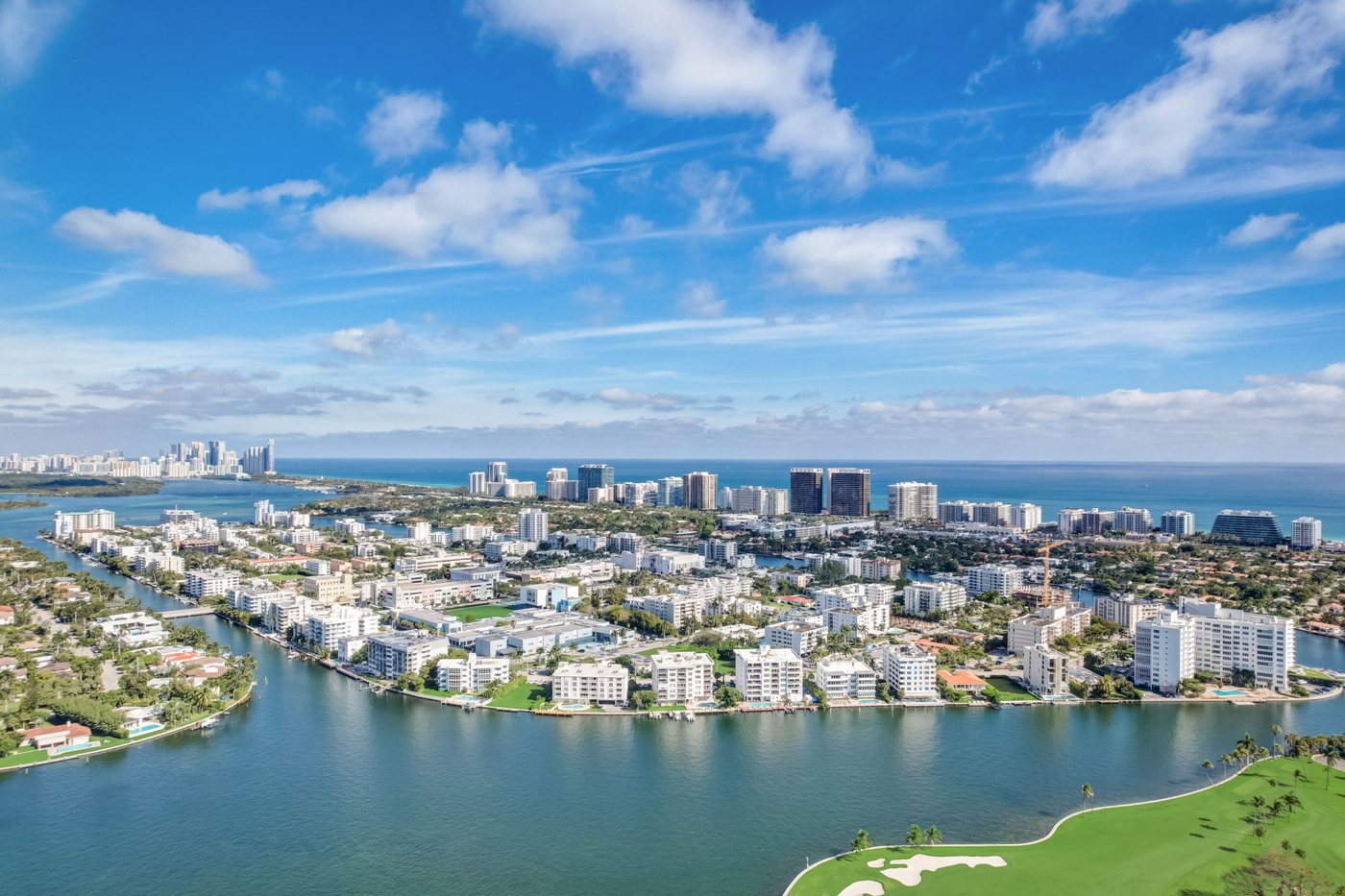 Aerial view of Bay Harbor Islands with Bal Harbour and the ocean beyond