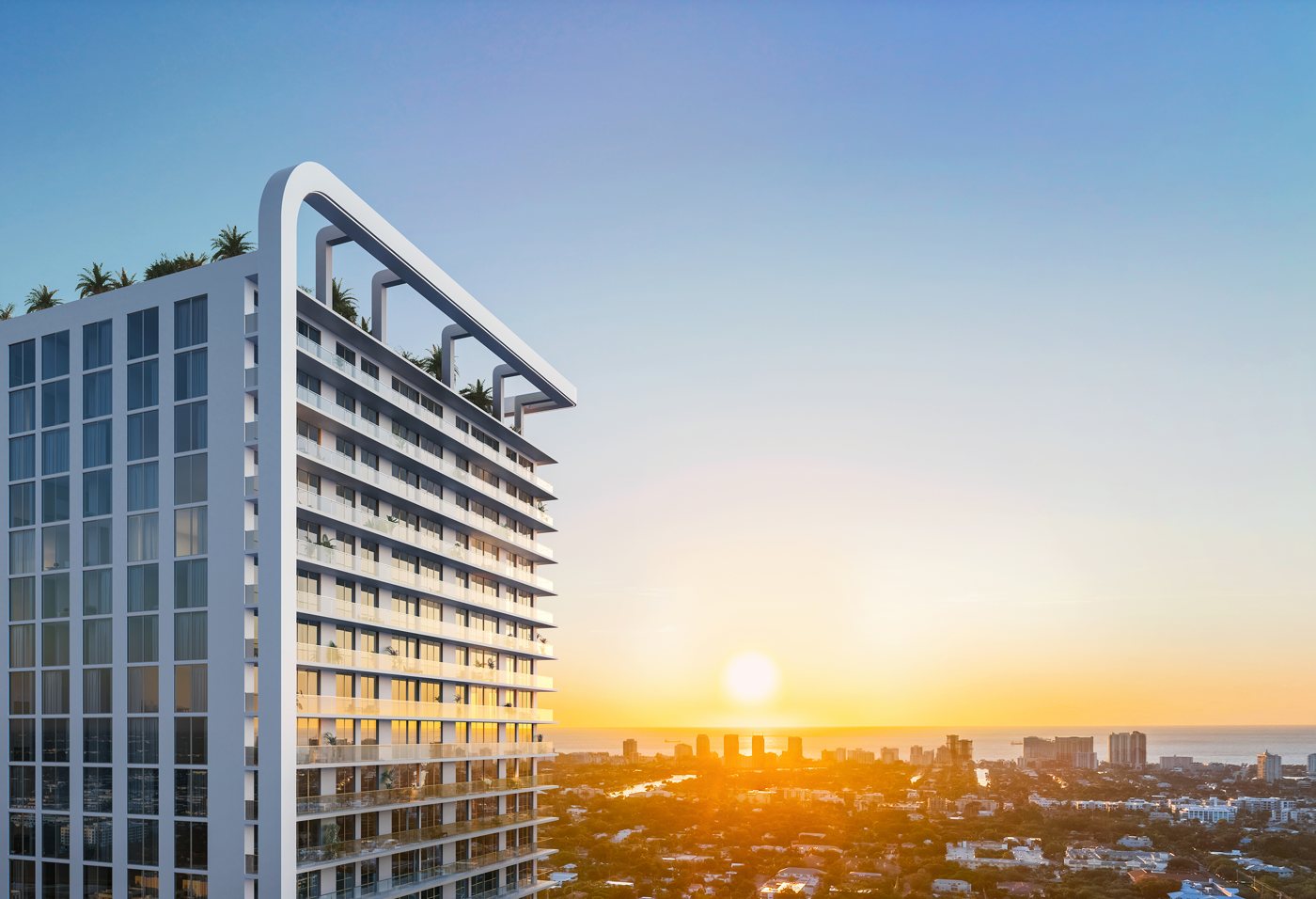 Viceroy Residences Fort Lauderdale tower at sunset, rendering
