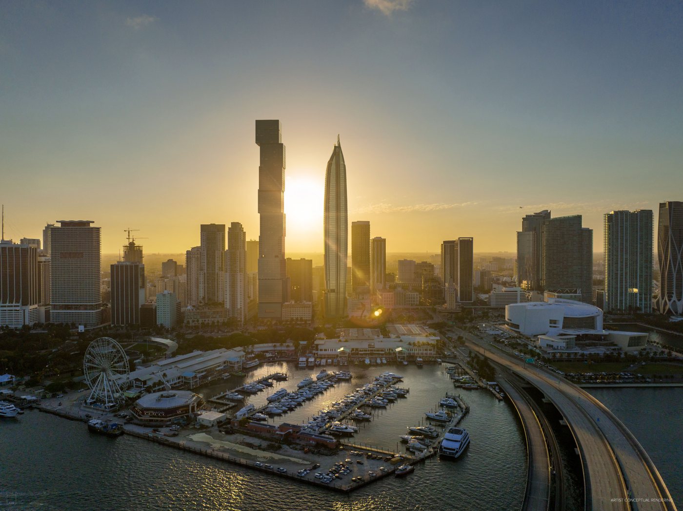 Delano Residences tower on the Miami skyline at sunset, rendering
